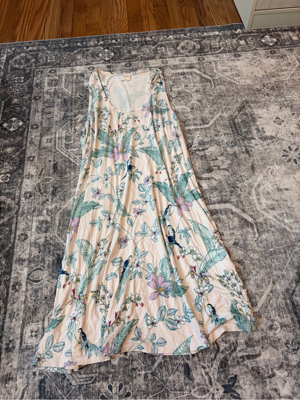 Soma Cream Floral Slip Nightgown with Green Leaves and Purple Blooms